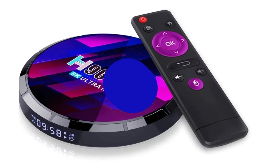 This image shows an Android TV box or media streaming device with the label "H96 8K ULTRA" visible on its circular top surface. The device has a round, disc-like shape with a colorful display on top featuring blue, pink and purple geometric patterns. Next to the device is its remote control, which is black with purple buttons, including a prominent circular "OK" button in the center surrounded by directional controls, and additional buttons including a power button (red) at the top. The device appears to have a digital time display showing "09:58" on its edge, along with what looks like USB connectivity indicators.