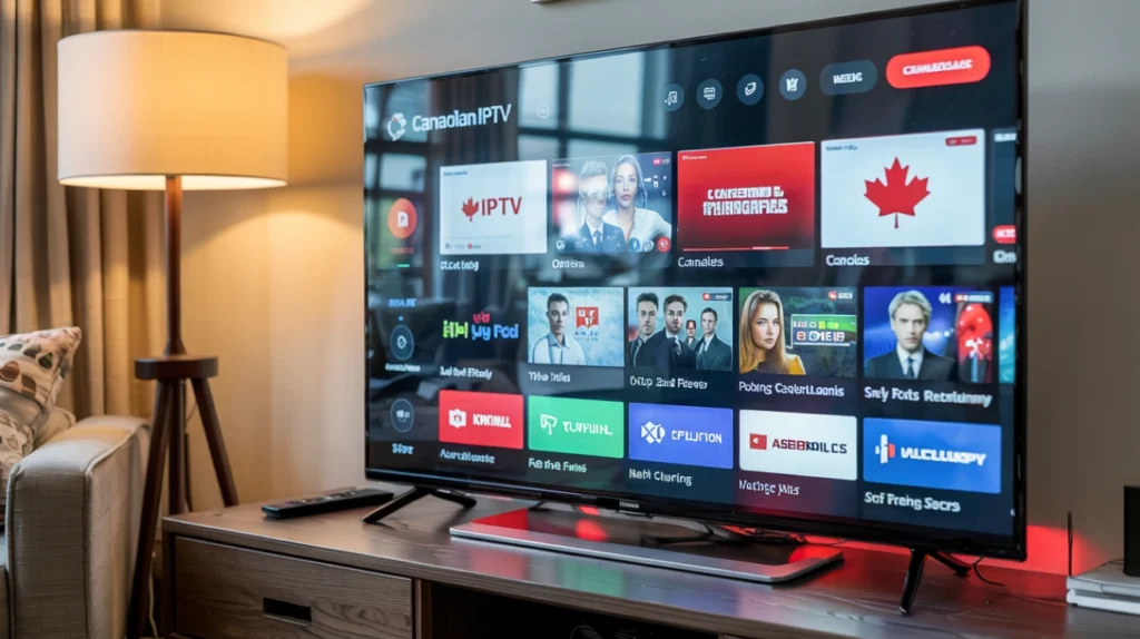 This image shows a large flat-screen TV displaying the Canadian IPTV streaming service interface. The TV screen shows "Canadian IPTV" in the top left corner with various channels, programs, and apps arranged in a grid layout. Several thumbnails feature Canadian content with maple leaf icons, and menu options are visible at the top of the interface. The TV is placed on a wooden media console in what appears to be a living room, with a lamp visible on the left side and part of a sofa or seating area.