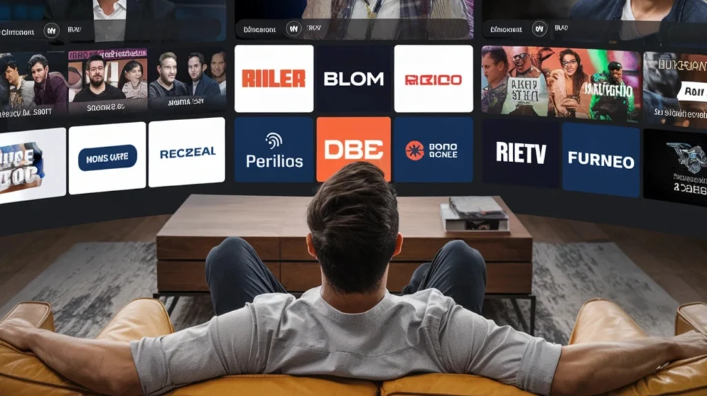 This image shows the back view of a person with dark hair wearing a gray t-shirt, sitting on a tan leather couch facing a large TV or projection screen. The screen displays what appears to be an IPTV or streaming service interface with multiple content options arranged in a grid. Various channel logos and thumbnails are visible, including labels such as "RULER," "BLOM," "REICO," "Perilios," "DBE," "RIETV," and "FURNEO." The top row shows previews of shows with people, while the middle and bottom rows display app or channel logos. A coffee table with some items on it is visible in front of the person.