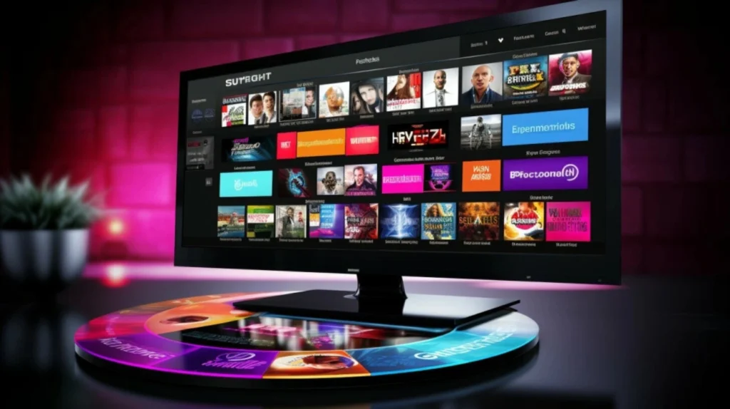 This image shows a television display featuring a streaming service or IPTV interface labeled "SUTROHT" at the top. The screen displays a grid layout of content with multiple rows of thumbnails showing movies, TV shows, and various entertainment options. The TV is mounted on what appears to be a colorful circular media center or device with illuminated sections in pink, blue, orange, and other colors. The background has pink/magenta mood lighting, and there's a small plant visible in the foreground. The interface appears to be organized into categories with thumbnails for various types of content.