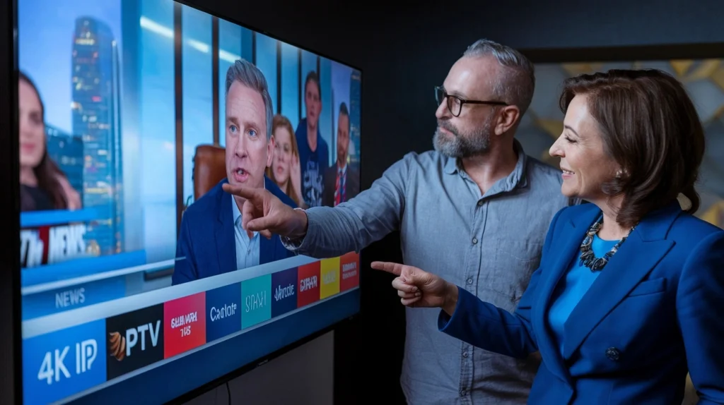 This image shows a middle-aged couple pointing at and interacting with a large TV screen displaying what appears to be an IPTV interface. The man, who has gray hair, glasses, and is wearing a light gray button-up shirt, is pointing at the screen. The woman beside him, wearing a blue blazer over a blue top with a statement necklace, is smiling and also pointing. The TV screen shows what looks like a news program with a person in a blue jacket speaking, and the bottom of the screen displays interface elements including "4K IP" and "IPTV" logos, along with colorful menu options. The setup appears to be demonstrating a smart TV or IPTV service.