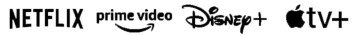 The image shows a row of four popular streaming service logos displayed side by side: Netflix, Amazon Prime Video, Disney+, and Apple TV+. Each logo is shown in black against a white background with their distinctive typography and design elements.